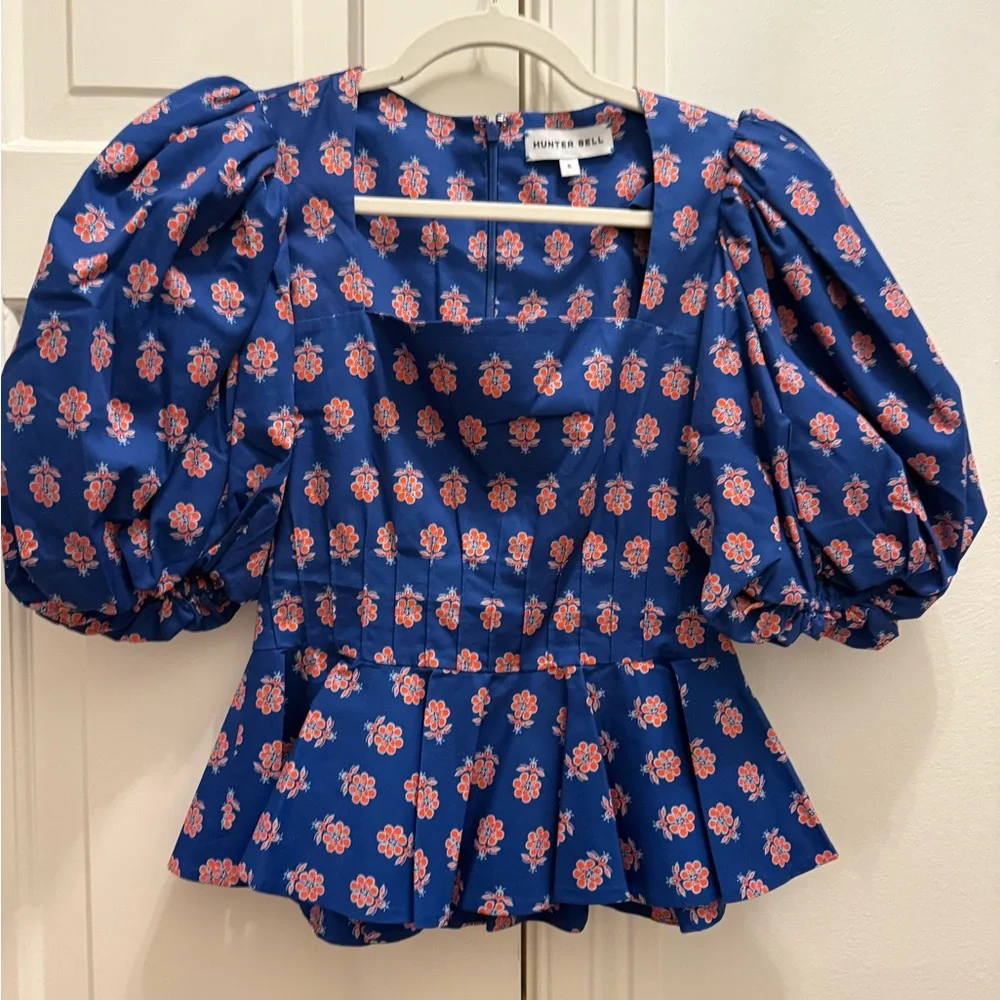 HUNTER BELL Blue Floral Puff-Sleeve Peplum Top - Picture 1 of 3